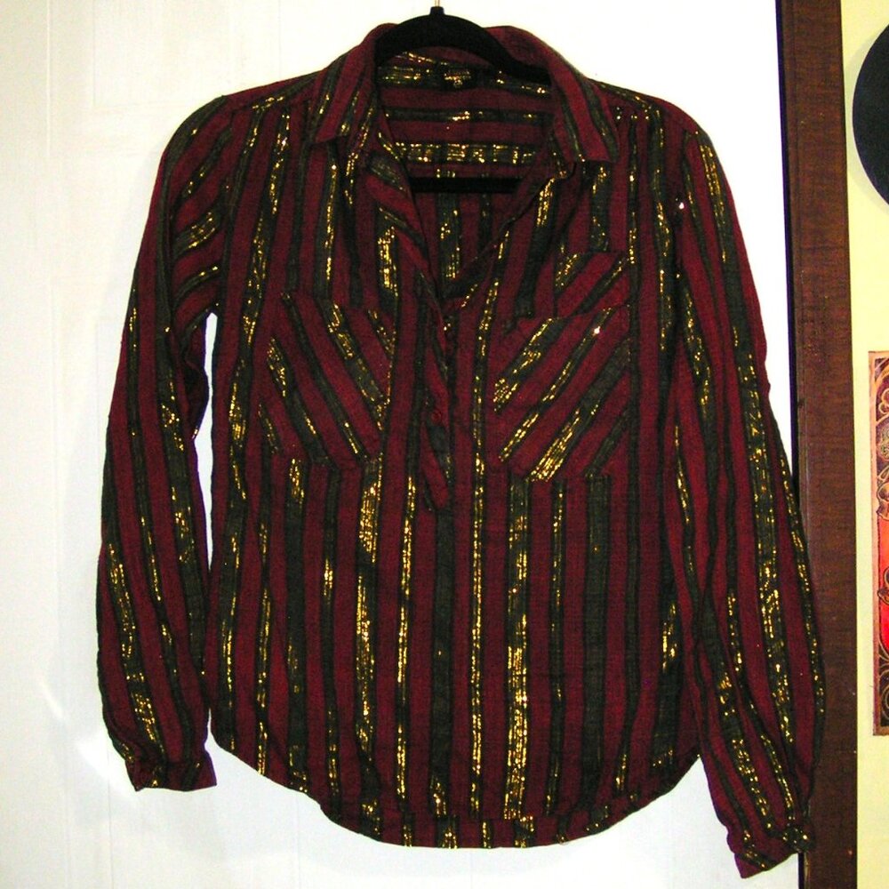 BURGUNDY AND G0LD COTTON SHIRT M